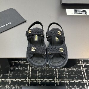 Chanel - Sandales plates - Noir tweed logo CC