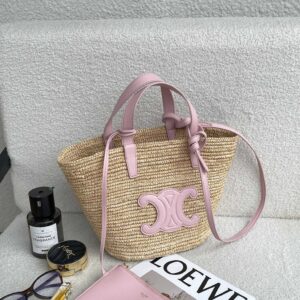Celine - Sac seau raffia anagram cuir rose