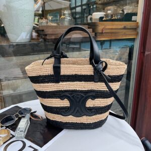 Celine - Cabas paille Triomphe cuir noir