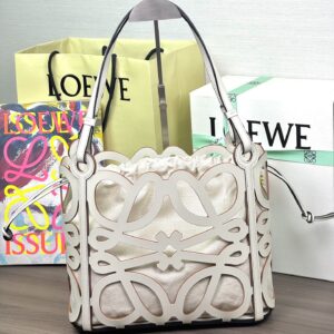 Loewe - Sac panier raffia anagram cuir blanc